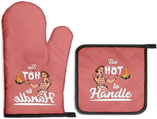 Miniatura 17 de Always Use Protection - Juego de guantes de horno y soportes para ollas, divertidos guantes de cocina retro para panaderos, regalos de inauguración