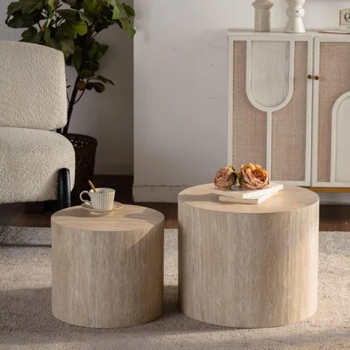 Miniatura 28 de Juego de 2 mesas auxiliares anidables para sala de estar, juego de mesa auxiliar redonda moderno, mesa auxiliar circular de madera y muebles Negro