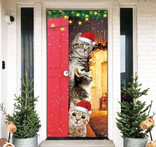 Cubierta de Puerta de Gatos Lindos Feliz Navidad Banner Decoración de Gatos Divertidos para Puerta Delantera Pared Ventana Suministros de Fiesta de