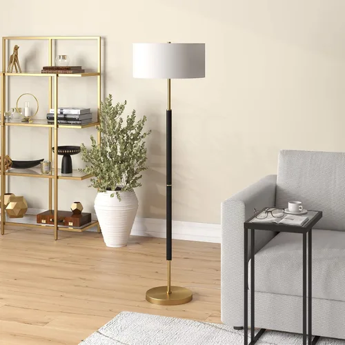 Miniatura 3 de Henn&Hart Lámpara de pie de 2 luces con pantalla de tela en negro mate/latón/blanco, lámpara de pie para oficina en casa, dormitorio, sala de estar