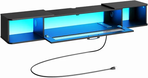 HOOBRO Soporte de TV flotante con luz LED y toma de corriente para televisores de hasta 65 pulgadas, estante de TV montado en la pared, consola