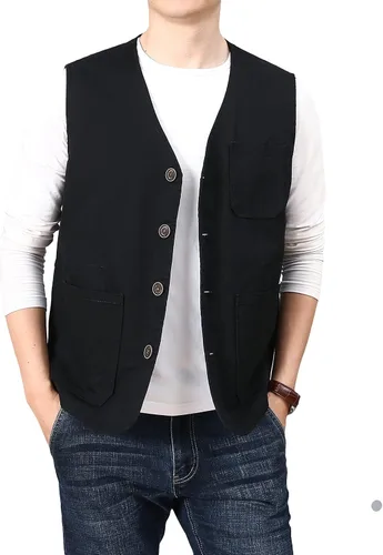Miniatura 5 de PRIJOUHE Chaleco casual de algodón para hombre, ligero y transpirable, con múltiples bolsillos, para pesca, safari, viajes, al aire libre
