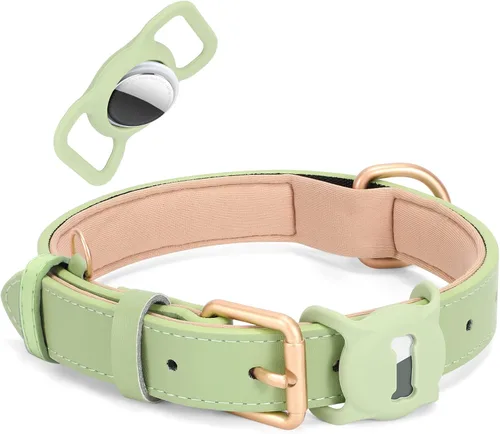 Miniatura 9 de Airtag - Collar de cuero para perro pequeño, mediano y grande, ajustable, suave, acolchado, collar de cachorro, collar de hebilla de metal Rosa