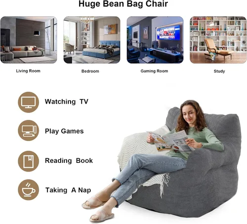 Miniatura 6 de DKLGG Puf para adultos, puf gigante con relleno incluido, de piel sintética, sofá de espuma viscoelástica, con reposabrazos para sala de estar, Gris