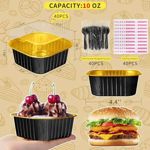 Miniatura 2 de Moldes para brownies de papel de aluminio de 10 oz con tapas y cucharas, paquete de 40 moldes cuadrados desechables de 4"X4", ramekins, moldes