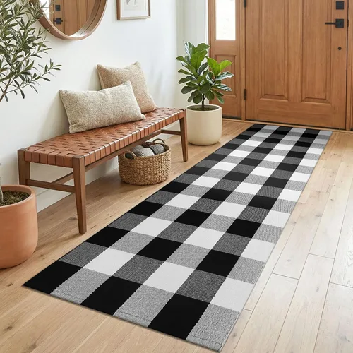 Miniatura 23 de KOZYFLY - Alfombras de área a cuadros de búfalo de 2x3 pies, alfombra a cuadros en negro y blanco lavable, alfombra de puerta delantera tejida a