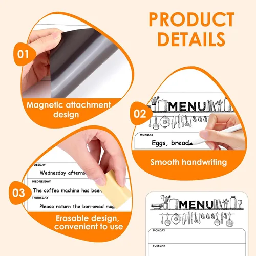 Miniatura 3 de Planificador semanal magnético de comidas para refrigerador, tablero de menú de borrado en seco de 8 x 12 pulgadas, pizarra blanca resistente a