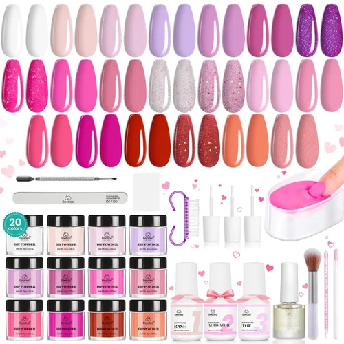 Miniatura 13 de Beetles - Kit de iniciación de uñas en polvo de inmersión, 20 colores, pastel, nude, azul, rosa, purpurina, 36 piezas, juego de polvos de inmersión