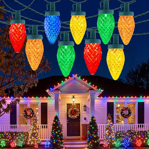 Luces LED C9 de Navidad para exteriores, 97 pies, 150 LED, impermeables, decoraciones navideñas de fresas, luces de cadena, enchufables, luces