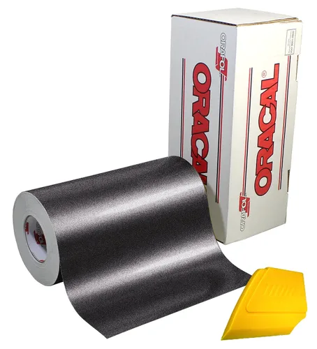 ORACAL Rollo de vinilo negro metálico brillante para manualidades, de 12 pulgadas x 6 pies, incluye escobilla de goma amarilla dura