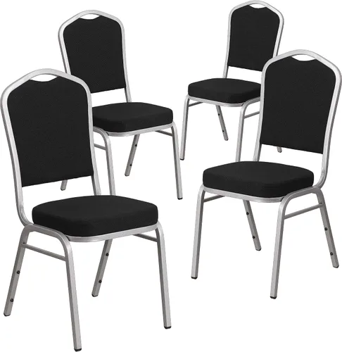 Miniatura 58 de Flash Furniture HERCULES Series - Silla apilable para banquetes con respaldo de corona en tela negra con estampado, marco de vena plateada Tela