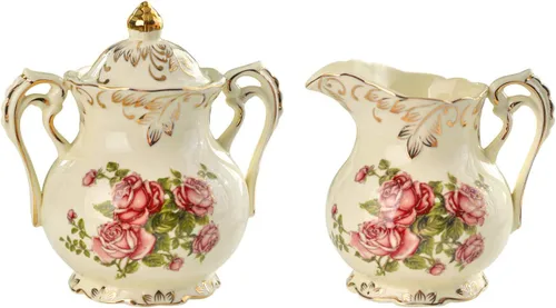 YOLIFE Juego de azucarero y lechera de cerámica, jarra de crema de porcelana vintage con azucarero con tapa, flores de rosa rosado y hojas doradas