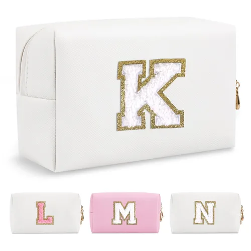 Pequeña bolsa de maquillaje personalizada con inicial A-Z Preppy Patch, bolsa de cosméticos de viaje de felpilla blanca con cremallera, bonita bolsa