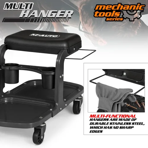 Miniatura 7 de M-AUTO Asiento de rodillo para garaje, taburete de taller mecánico resistente con bandeja para herramientas y estante para equipos, asiento