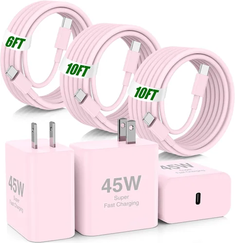 Miniatura 23 de USB C de carga súper rápida de 65 W para iPhone 17 16 Pro Max, bloque de carga USB C de 3 puertos de 100 W y cable trenzado tipo C de 3/6/6/10 pies