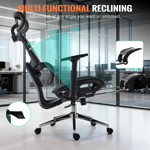 Miniatura 7 de Silla de oficina ergonómica, silla de escritorio de malla para el hogar, cómoda silla de juegos con reposapiés, ruedas, reposacabezas 2D ajustable
