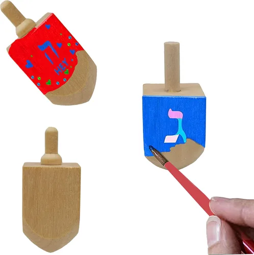 Miniatura 4 de The Dreidel Company Craft-A-Dreidel, crea tu propia personalización, el kit incluye 2 Dreidels de madera, 3 colores, 1 cepillo, 1 purpurina