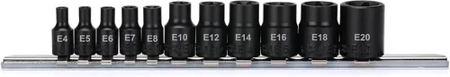 Miniatura 6 de EMENTOL Juego de llaves de vaso E-Torx con riel, CR-V, 1/4" y 3/8" Drive, hembra Torx Star Socket Set, E4 - E20