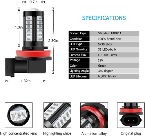 Miniatura 2 de Bombillas LED antiniebla H8 H9 H11 DRL 2800 lúmenes, Xtreme, superbrillantes, 5730, 33-SMD, 12 V, bombillas LED de repuesto para automóviles, Azul