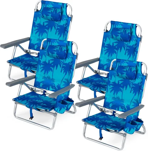 Miniatura 14 de Goplus Silla de playa, mochila plegable para adultos, sillas de playa con posiciones ajustables, almohada para la cabeza, bolsa refrigeradora