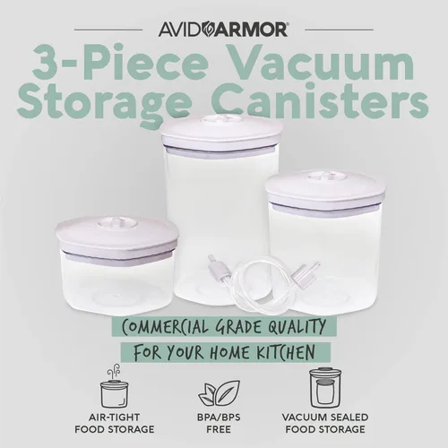 Miniatura 2 de Avid Armor Juego de recipientes de alimentos al vacío de 3 piezas para la cocina del hogar con manguera de accesorios en tamaños de 2L, 1.4L y 0.7L