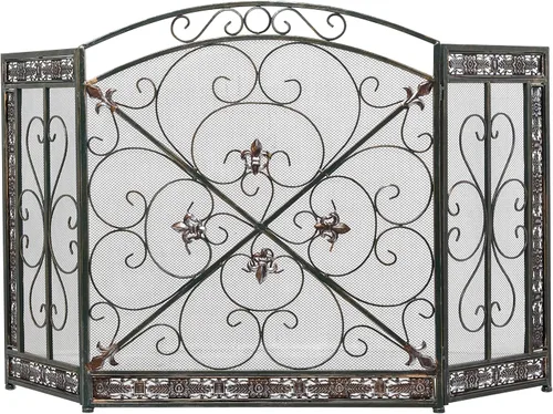 Deco 79 Pantalla de metal para chimenea, plegable, arqueada, 3 paneles con detalles de flor de lis, 52 x 1 x 31 pulgadas, color negro