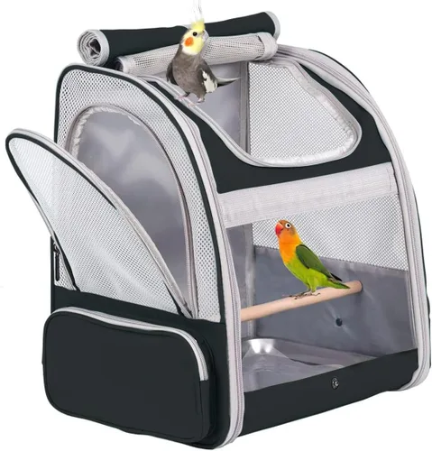 Miniatura 7 de Porta pájaros de viaje con soporte y percha, jaula transpirable para loros, portador de pájaros para senderismo, aprobado para aerolíneas Gris