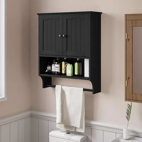 Miniatura 2 de Smuxee Armario de baño negro montado en la pared con barra de toallas, botiquín con 2 estantes ajustables de puerta, armario sobre inodoro