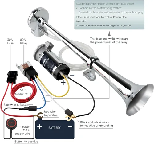 Miniatura 7 de FARBIN Kit de bocina de aire de 12 V 150 db, bocina de aire de zinc cromado para camión, kit de bocina de tren para camiones con interruptor