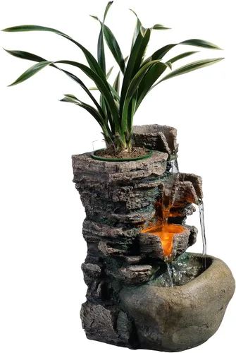 Haobos Fuente interior de 4 tazones Rockery con sonido calmante para decoración de hogar y oficina con una pequeña maceta de plástico para cultivar