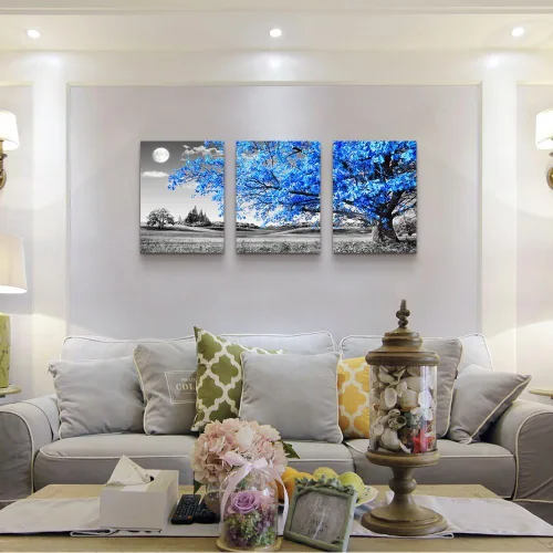Miniatura 3 de Arte de pared para sala de estar, blanco y negro, árbol azul, luna, lienzo para decoración de pared para el hogar, obra de arte enorme, pintura