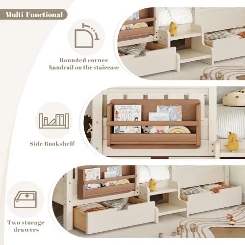 Miniatura 4 de Bellemave Cama Montessori de tamaño Queen con 2 cajones y estantería, camas de suelo para niños con barandillas de seguridad y escaleras, marco