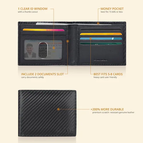 Miniatura 34 de Cartera delgada de cuero para hombre, bloqueo RFID, bolsillo frontal minimalista, delgada y elegante con ventana de identificación, regalo