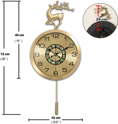Miniatura 5 de Aero Snail Reloj de pared de 12.6 pulgadas, figura de reno redonda dorada, decoración de concha, reloj con péndulo oscilante, silencioso sin tictac