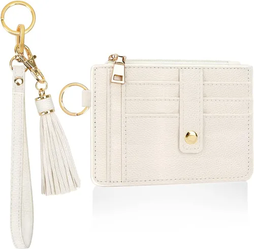 Cartera con llavero de pulsera, cartera de cuero con correa de pulsera, bolsillo delgado RFID para tarjetas de crédito con cordón, Crema, Tarjetero