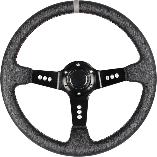 Miniatura 10 de Volante universal de carreras de 6 pernos 320mm 12.5" de cuero genuino negro con agarre, marco de aluminio, volante deportivo de llanta profunda