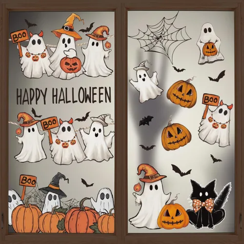 Miniatura 9 de Horaldaily 40 calcomanías de Halloween para ventana, Jack-O-Lantern, calabaza, camión, gnomo, fantasma, murciélagos, gatos, suministros de fiesta