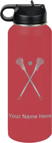 Miniatura 10 de LaserGram Botella de agua personalizada, palitos de lacrosse, acero inoxidable de doble pared aislada al vacío con popote superior, regalo grabado