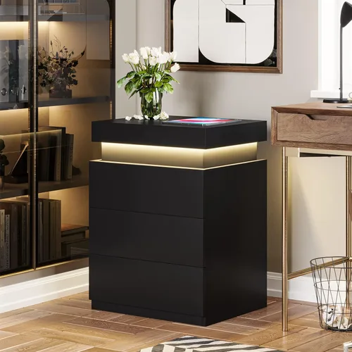 Miniatura 6 de ADORNEVE Mesita de noche con estación de carga y luces LED, mesa auxiliar con parte superior deslizante, mesa de noche con cajones, mesa lateral