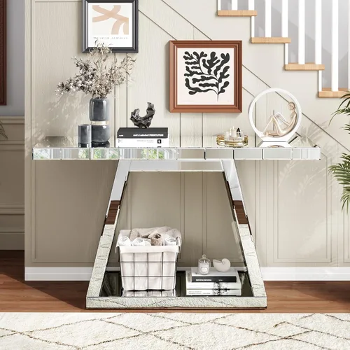 Miniatura 10 de Henf Escritorio de tocador con espejo para dormitorio, mesa de tocador de maquillaje, mesa de sofá con 2 cajones de diamantes sintéticos, moderno