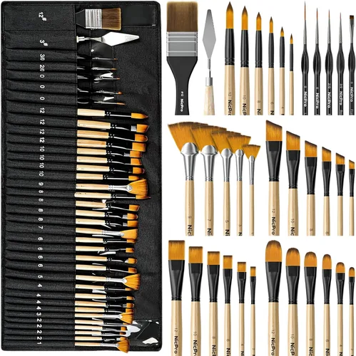 Miniatura 10 de Nicpro Juego de 36 pinceles de pintura, pinceles profesionales con cuchillo de paleta y rollo de tela, adecuados para artistas y principiantes