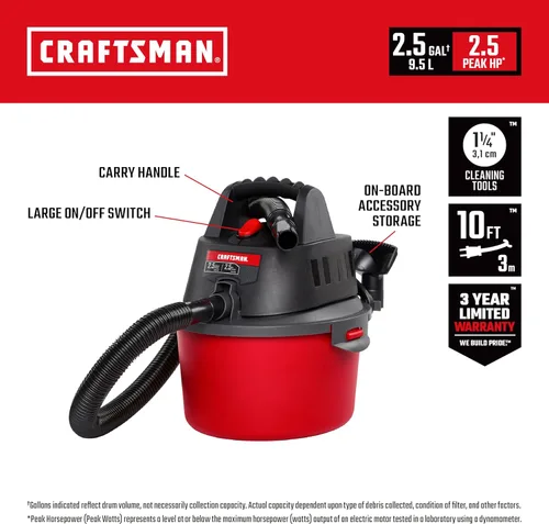 Miniatura 3 de CRAFTSMAN CMXEVBE17590 Aspiradora húmeda y seca con filtro, bolsa para polvo, manguera, accesorios y CRAFTSMAN CMXEVBE17250 2.5 Gal. Aspiradora