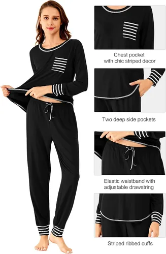 Miniatura 3 de WiWi Conjunto de pijama de viscosa de bambú para mujer, ropa de dormir de manga larga, suave, ropa de descanso, pantalones deportivos, conjuntos