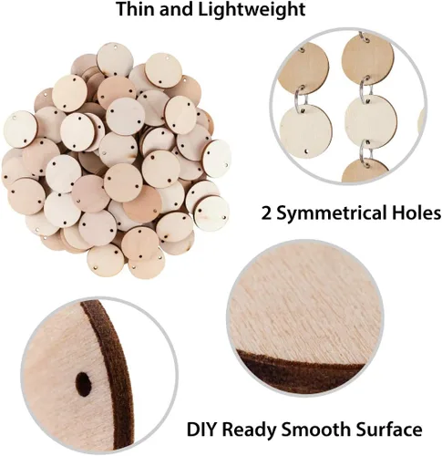 Miniatura 7 de Super Z Outlet 100 discos redondos de madera y 100 llaveros, discos circulares de madera con agujeros y clips para anillos para etiquetas de tablero