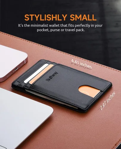 Miniatura 143 de Buffway Billetera delgada para hombre, minimalista con bolsillo frontal delgado, tarjetero de cuero con bloqueo RFID para viajes de trabajo