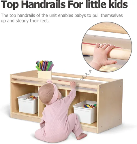 Miniatura 4 de Almacenamiento de juguetes para niños pequeños con respaldo de espejo, cubículos preescolares y guardería para bebés con 2 pasamanos de sujeción
