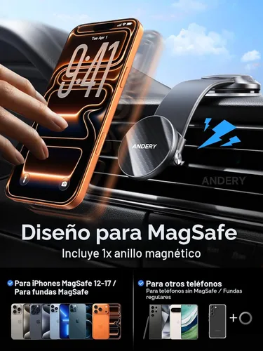 Miniatura 6 de ANDERY Soporte de teléfono para automóvil MagSafe [brazo de aleación de memoria ajustable de 360° 2400 gf de potencia magnética más fuerte]