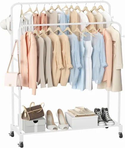 Miniatura 8 de Sooyee Perchero de doble barra con ruedas, perchero de 3 niveles para colgar ropa, perchero portátil con 4 ganchos para dormitorio, cuarto de Negro