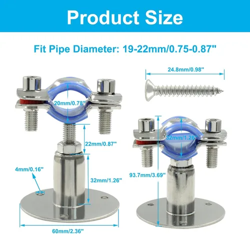 Miniatura 2 de 2 soportes de tubo de montaje en pared de acero inoxidable 304, adecuados para tubos OD de 1/2 pulgadas (0.748-0.866 in), altura ajustable
