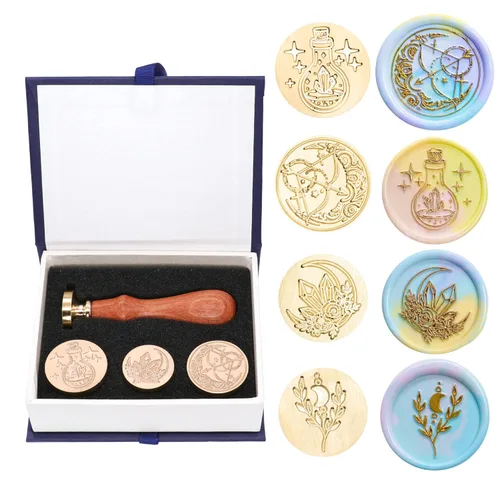 SWANGSA Juego de sellos de cera, botella mágica vintage de 4 piezas, cabezas de sello de cera de sellado de plantas de flor de luna + 1 kit de